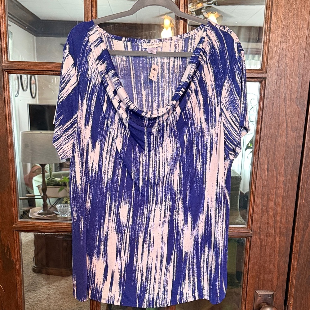 Jaclyn Smith Collection Blue White Abstract Stripe Cowl Neck Blouse Top NWT 2X